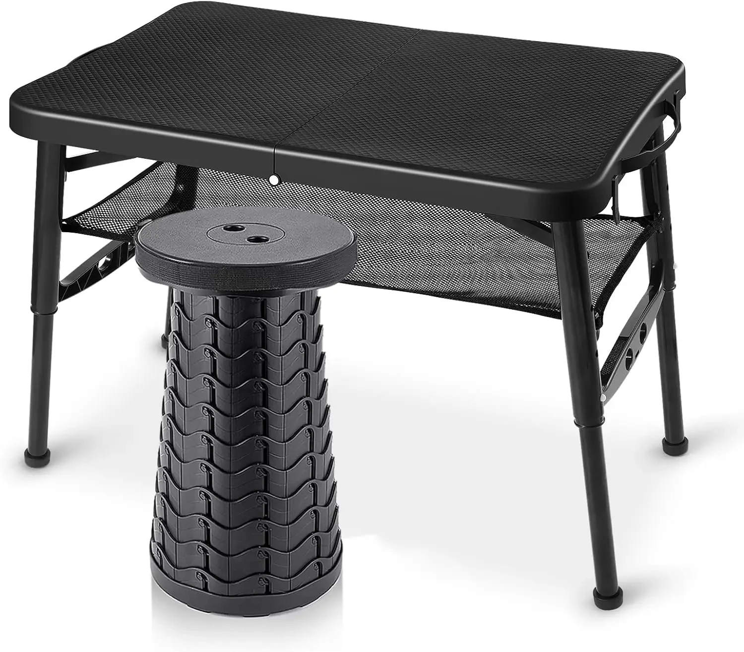 Folding Camping Table Portable - Adjustable Height Table with Collapsible Stool and Mesh Layer Foldable Table Lightweight