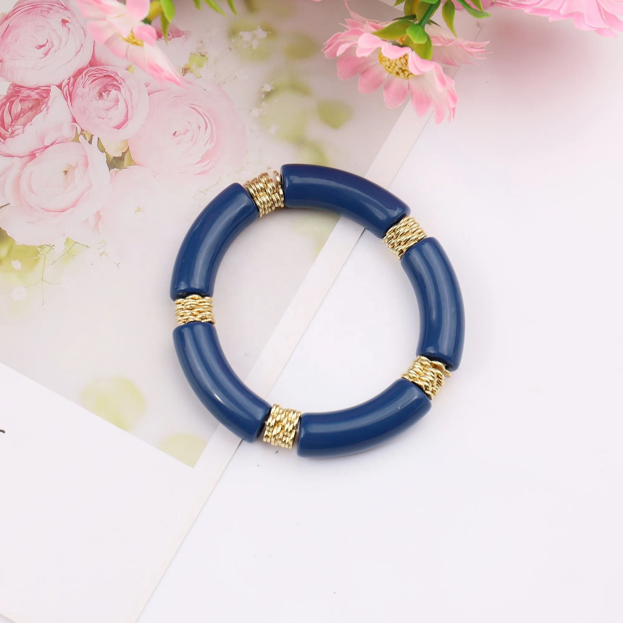 10mm Brushed Gold Plated Flat Flower Disc Spacer Beads With 12mm Big Navy Acrylic Tube Beads Bracelets