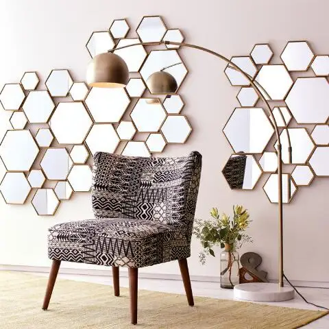 SWT 2023 Metal Brass Metal Hexagon Mirror Panel Wall Decorative Mirror