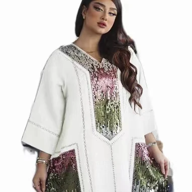Dubai Arab Women Ramadan Dress Sequin Mesh Fabric Abaya Islamic Clothing Arabic Muslim Jalabiya Maxi