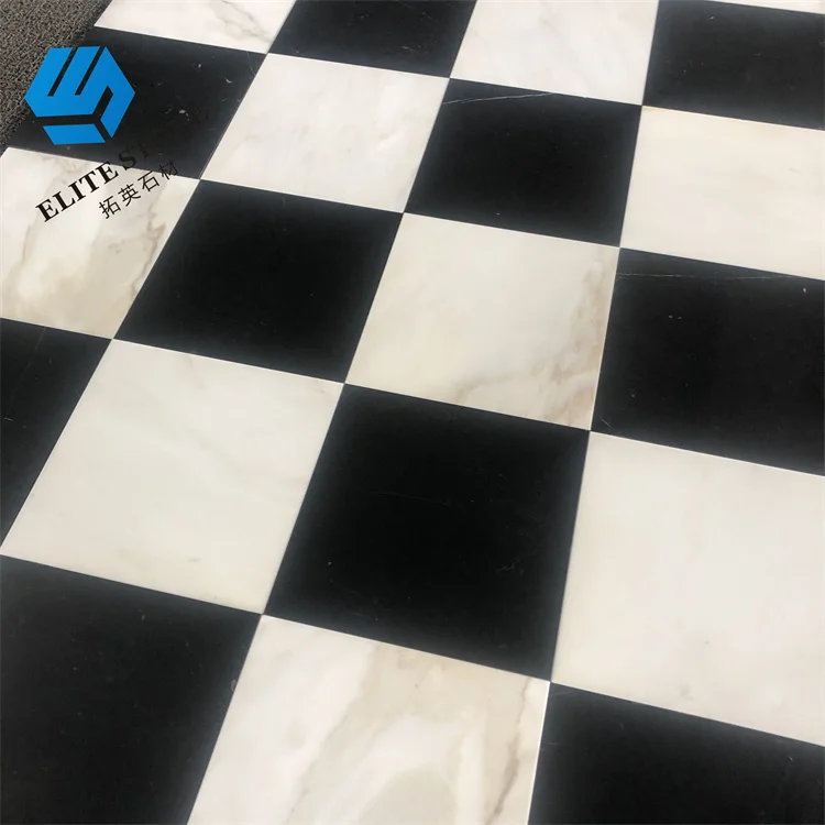White Marble And Black Marble Checker Flooring Tiles