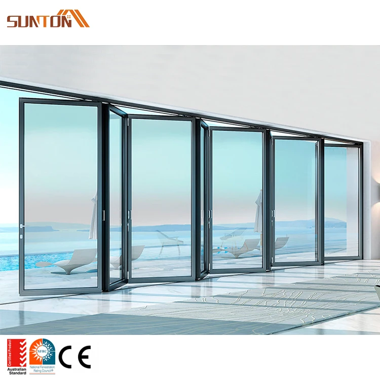 Custom made exterior soundproof hurricane proof aluminum triple glazed glass sliding folding balcony door for house villa patio