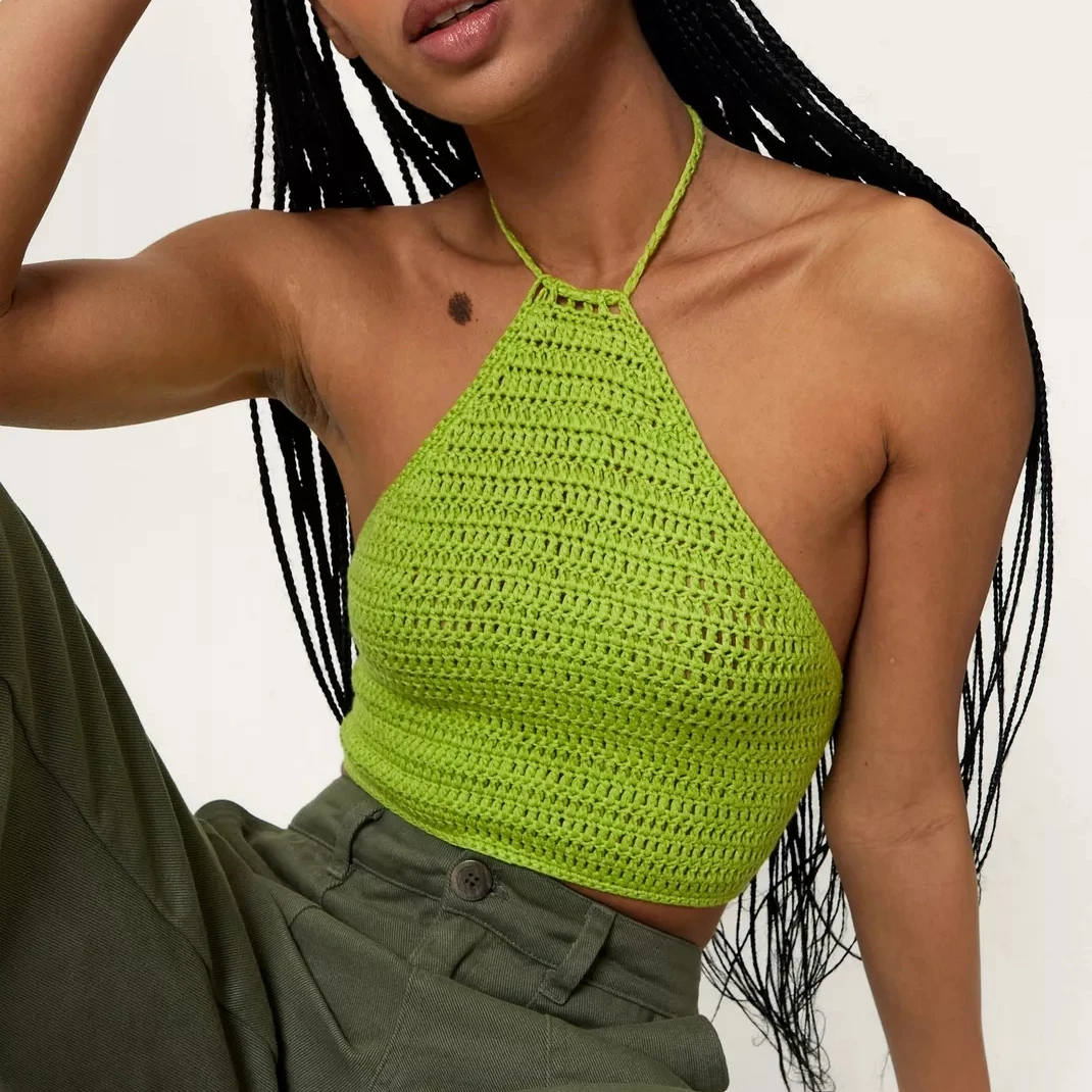 Wholesale New Arrival Hot Sale Sexy Crochet Tops For Women Custom Halter Lace Up Top