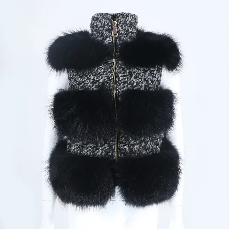 2021 New Fashion Stand-up Collar Real Fur Coat Vest Winter Jacket Women Natural Raccoon Fur Wool Weave Coat Outerwear Streetwear