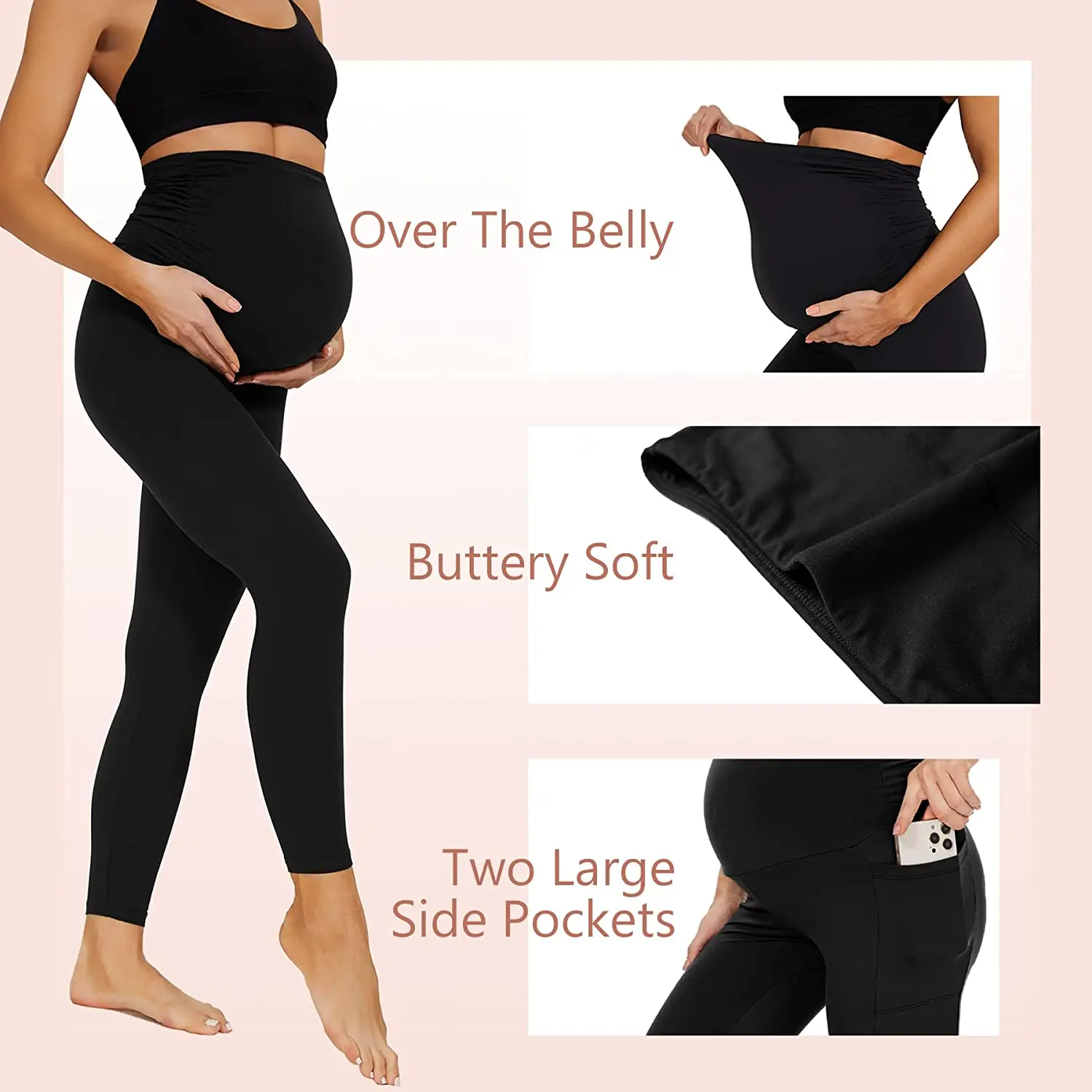 Women High Waist Essential Stretch Secret Fit Belly Legging Pregnancy Skinny Pants Maternity Leggings with Pocket