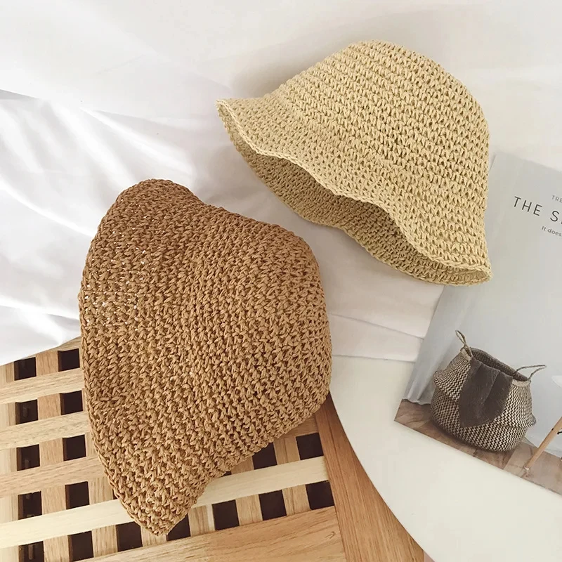 Summer Baby Straw Hat for Girls Boys Beach Travel Kids Bucket Hats Adjustable Lace Windproof Rope Fashion Accessories 2-6Y