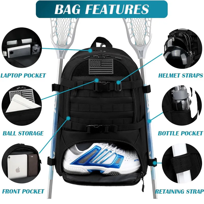 field hockey bags custom tactical lacrosse kit bag sports equipment backpack with external buckle strap to fix helmet