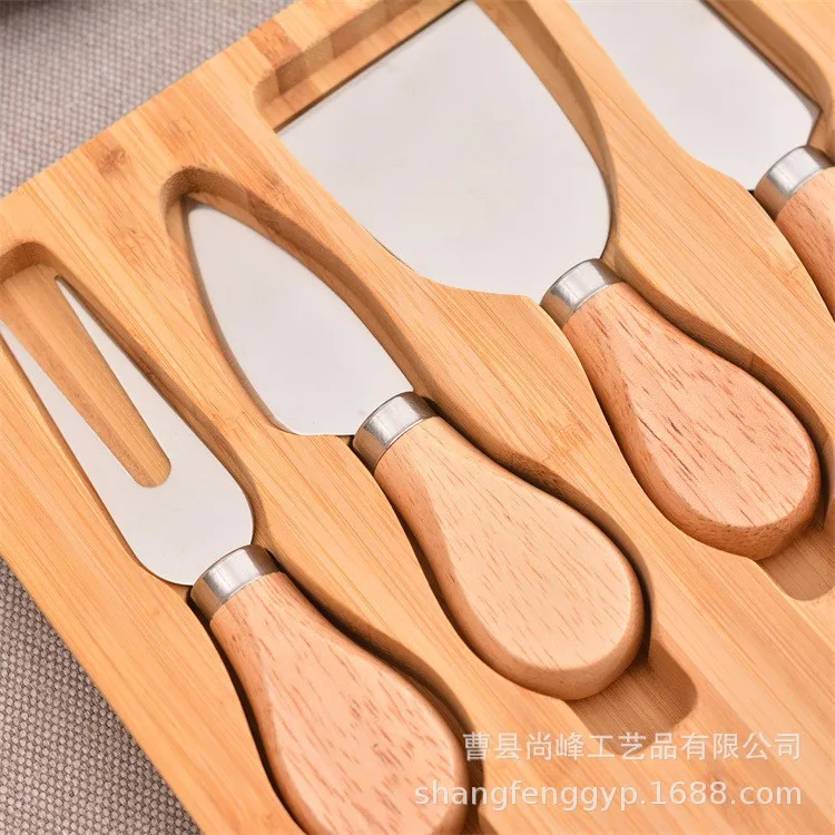 Custom Logo Round Bamboo Cheese Board With Drawer With Stainless Steel Knives Wooden Cheese Board And Knife Set