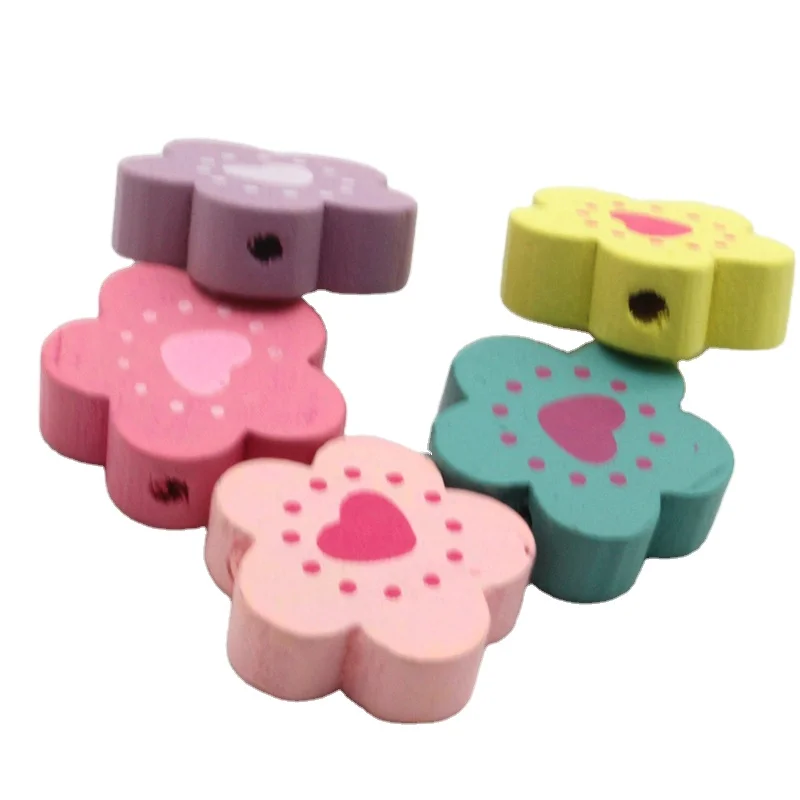 XUQIAN Ins Hot Selling Color Pentagonal Peach Heart Flower Wooden Spacer Beads Children DIY Handmade Accessories
