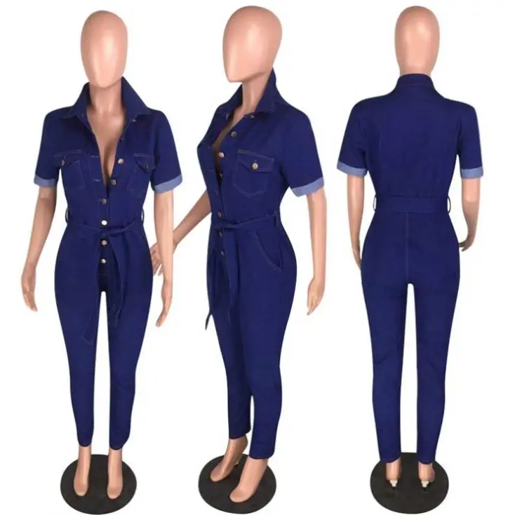 
10240NA Latest Design Turn-down Collar Solid Color Button Up Mujer Jeans Women Trendy Style Sexy Women Jumpsuit 