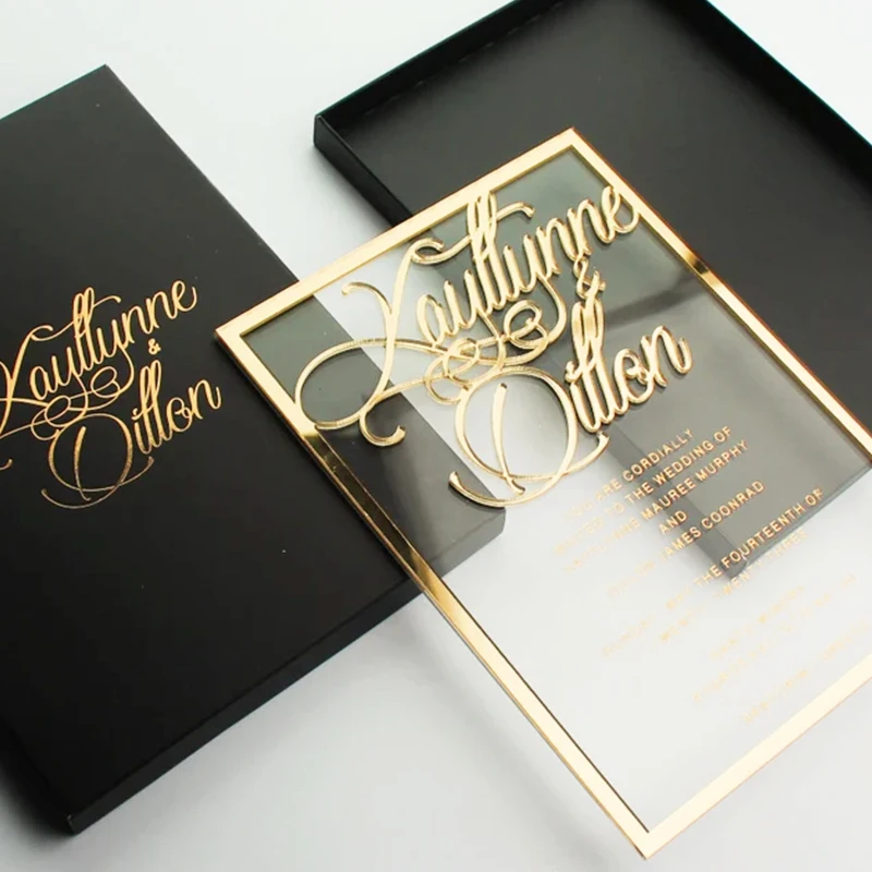 Новейшая акриловая коробка для свадебных приглашений Элегантный Прозрачный образец персонализированного конверта прозрачное акриловое Свадебное приглашение из розового золота