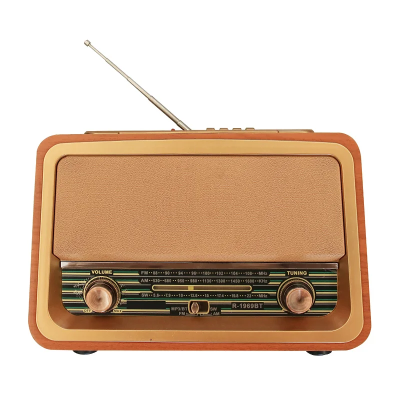 R-1969BT Retro multi band real wooden rechargeable radio with wireless link, usb,  mp3  player solar  and lamp slot speaker