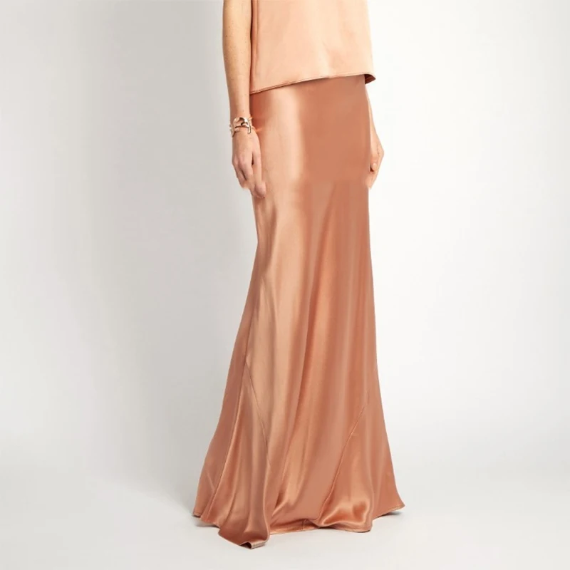 Latest Design Bias-cut Metallic-pink Silk-satin Maxi Long Evening Party Skirt Pictures HSD5525