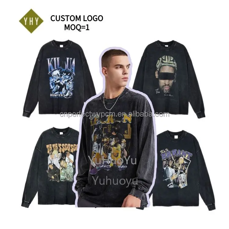 Oversized DTG Custom Logo t shirt Streetwear Long Sleeve T-shirt Men Acid Washed Black Graphic Vintage Distressed T Shirts
