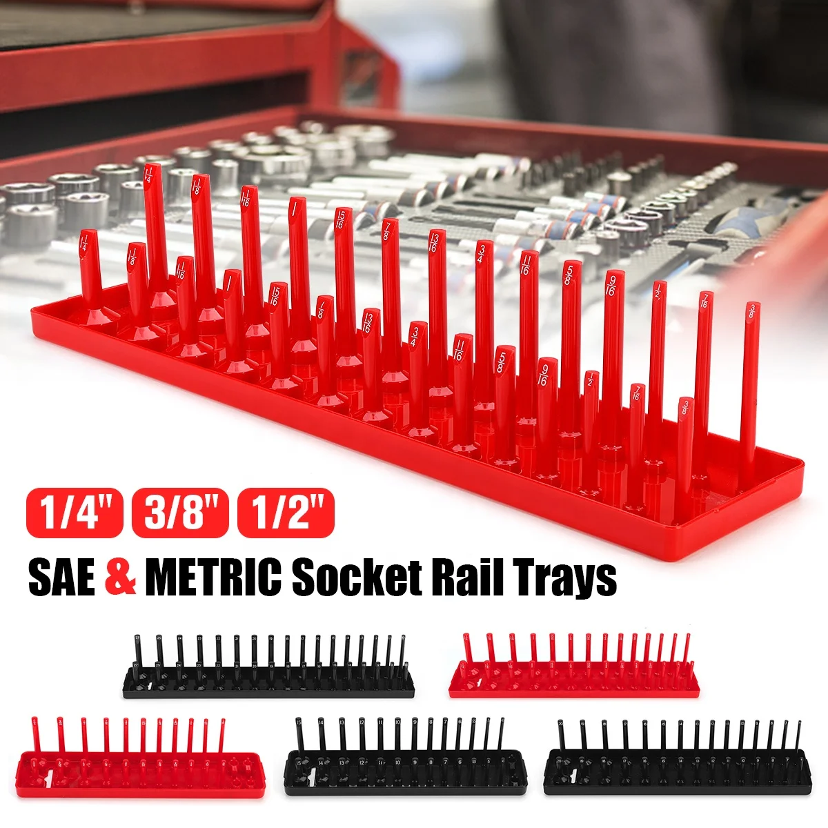 CHRT 3Pcs Socket Tray Set High Quality Plastic Socket Holder Organizer Red SAE & Black Metric 6 PCS Socket Organizer Tray Set
