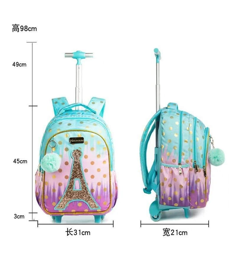 Four Wheel 3 Piece Set Children Kids Trolley School Bag Backpack with Lunch and Pencil Bag 2023 New Fashion Eiffel Tower Sequins