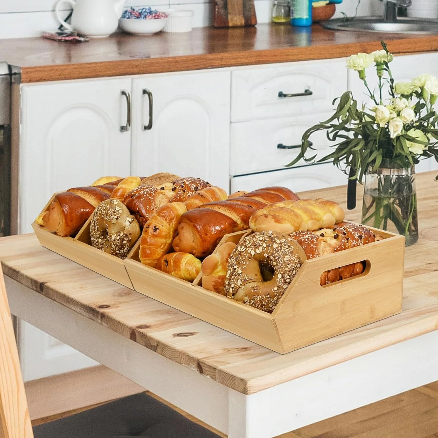 Set of 2 Vegetable Storage Shelf With Movable Divider Stackable Bamboo Fruit Basket
