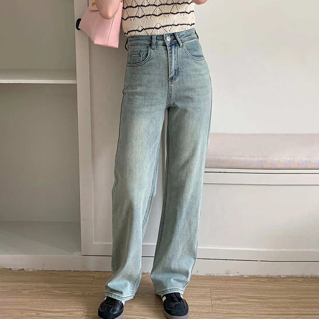 Custom Jeans Womens Light Blue Washed Straight Denim Pants High Quality Cotton Wide Leg High Waist Plus Size Women Jeans