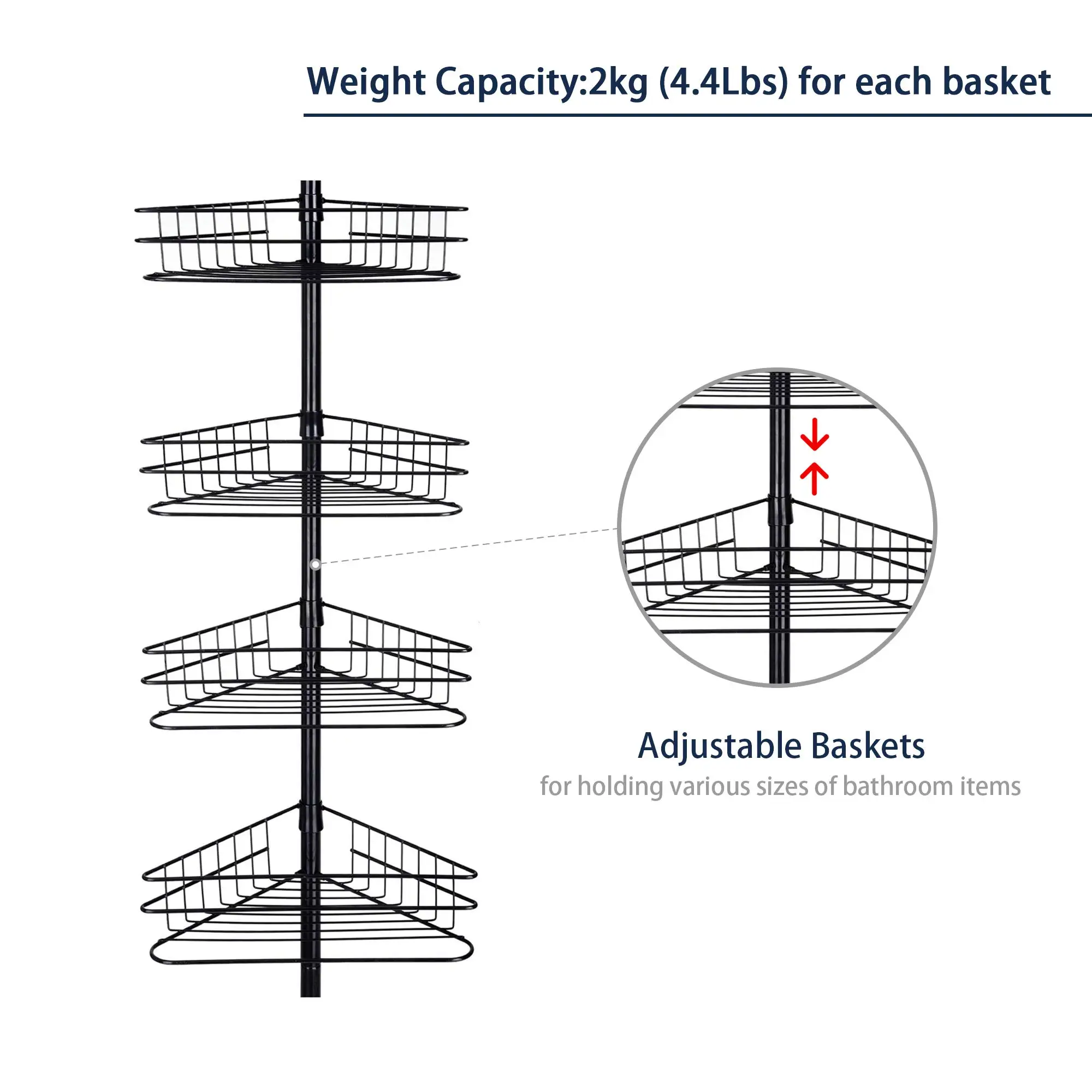 4 Tier Metal Bathroom Telescopic Corner Shower Shelf Caddy Pole Wall Rack Storage Organizer
