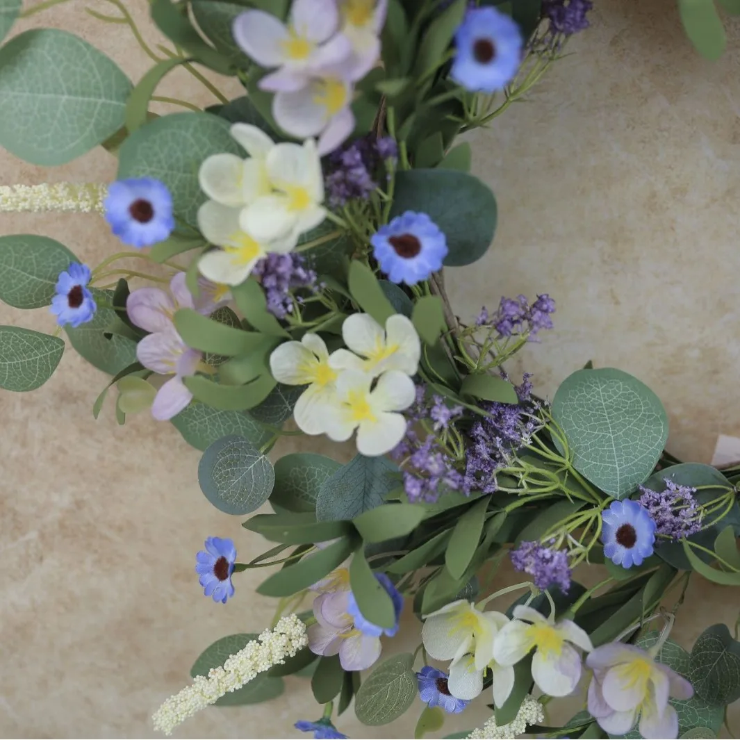 60CM Artificial Small Blue Flower Wreath For Home Door Decor Eucalyptus Leaves Daisy Flower Wreath