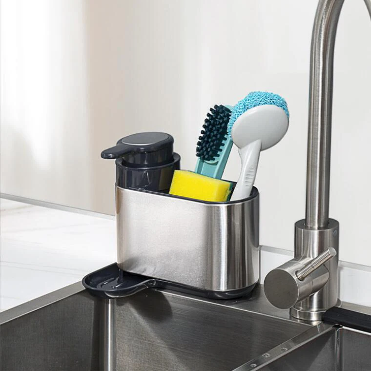Kitchen Sink Organizer Sponge Holder Soap Dispenser Scrubber Drainer Dishwashing Accessories Sink Caddy With Drain Tray