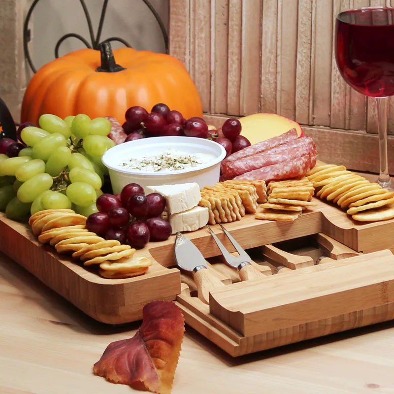 Wholesale Custom Logo Bamboo Cheese Board On Serving Stand With Cutlery Set in Slide Out