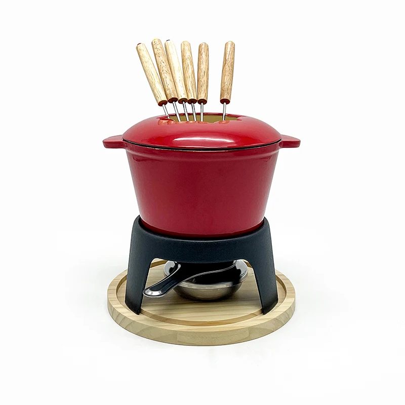 Wholesale Chocolate Fondue Set Home Kitchen Ware Camping Enamel Hot Pot Cast Iron Fondue Pot