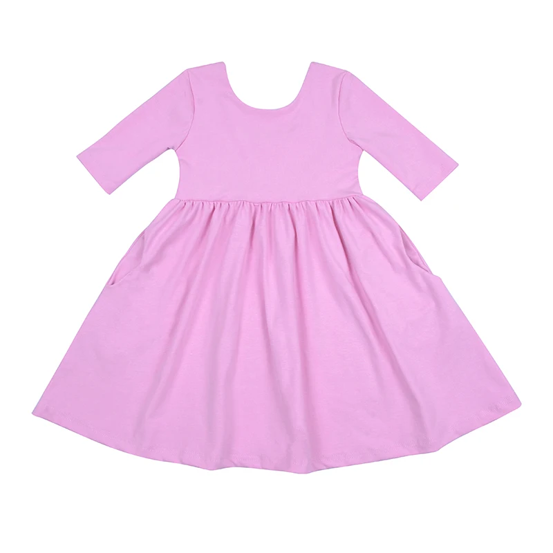 Baby Girls Soft Knit Cotton Casual Scoop Back Dress Three Quarters Solid Color Rib Cotton Hidden Pocket Dresses