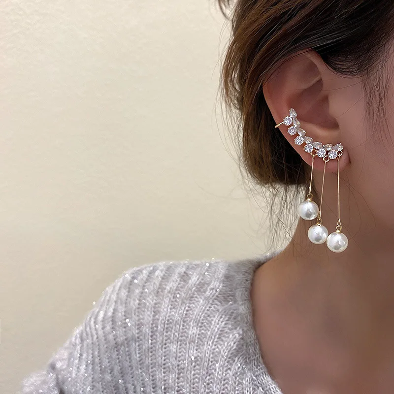 High Quality Luxury Korea Fashion Crystal Diamond Pearl Tassel Ear Clip Drop Earrings for Women Girls