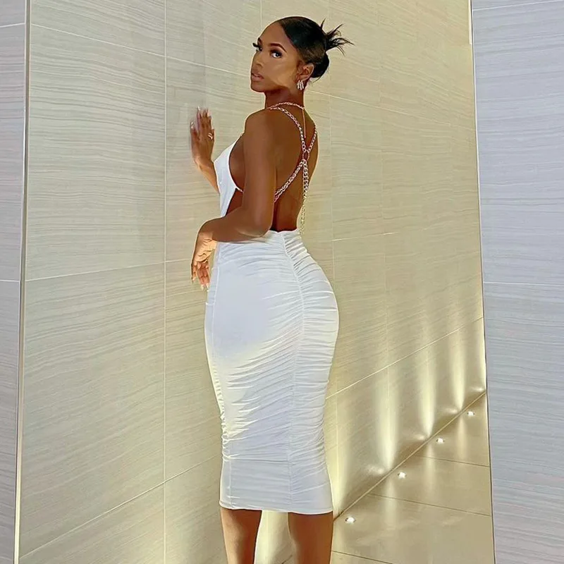 Sexy Backless White Dresses For Women 2022 Chain Ruched Black Party Long Dress Female Solid Cami Bodycon Club Midi Dress
