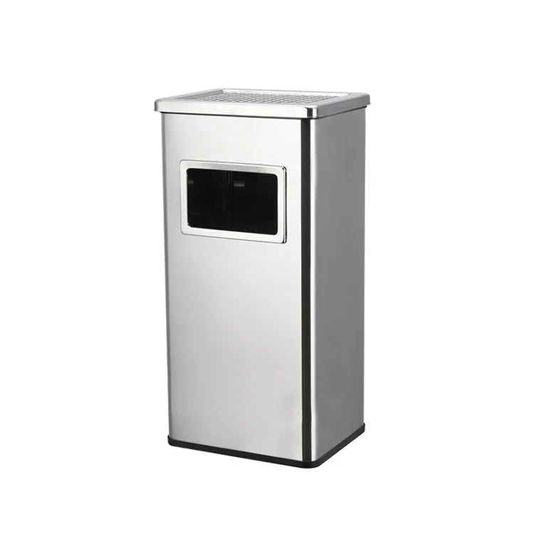Large Capacity Stainless Steel  Square Trash Bin with Ashtray for Lobby