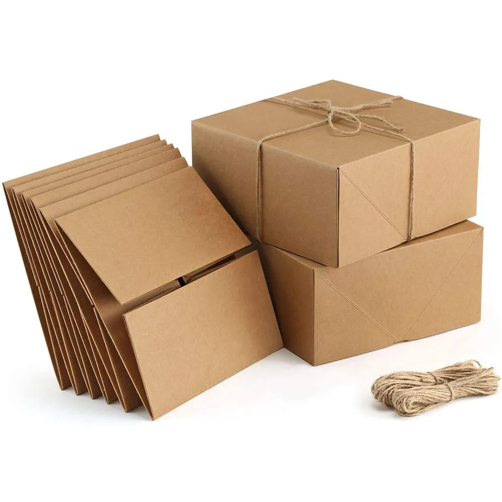Premium Gift Boxes 8 x 8 x 4 Brown Paper Gift Boxes with Hemp Rope for Christmas Gifts, Easy Assemble Boxes