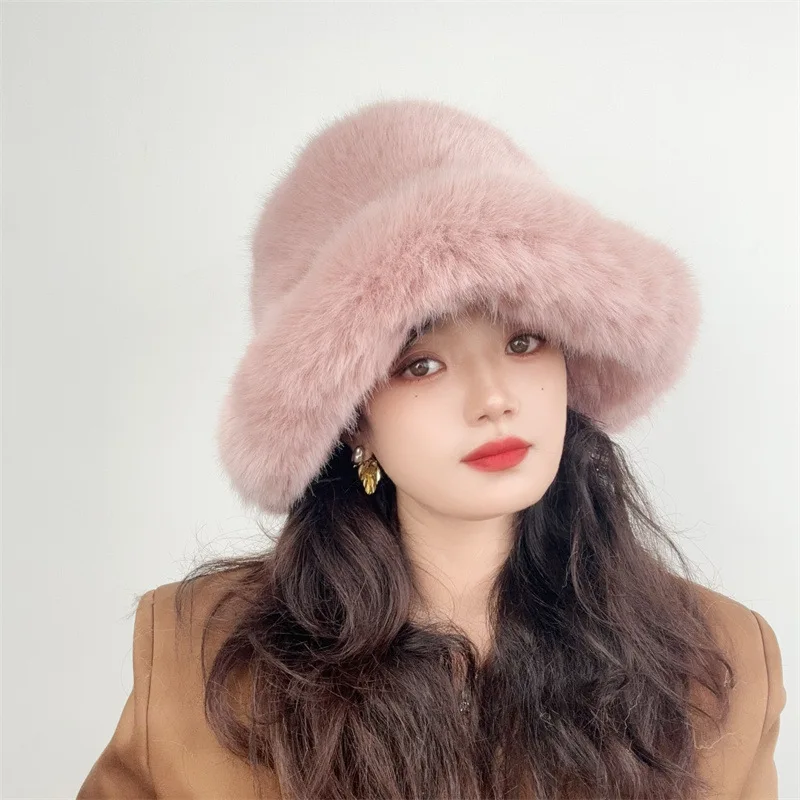 Hot Sale Outdoor Ladies Girl Furry Fluffy Designer fox cap faux fur bucket winter hat for women