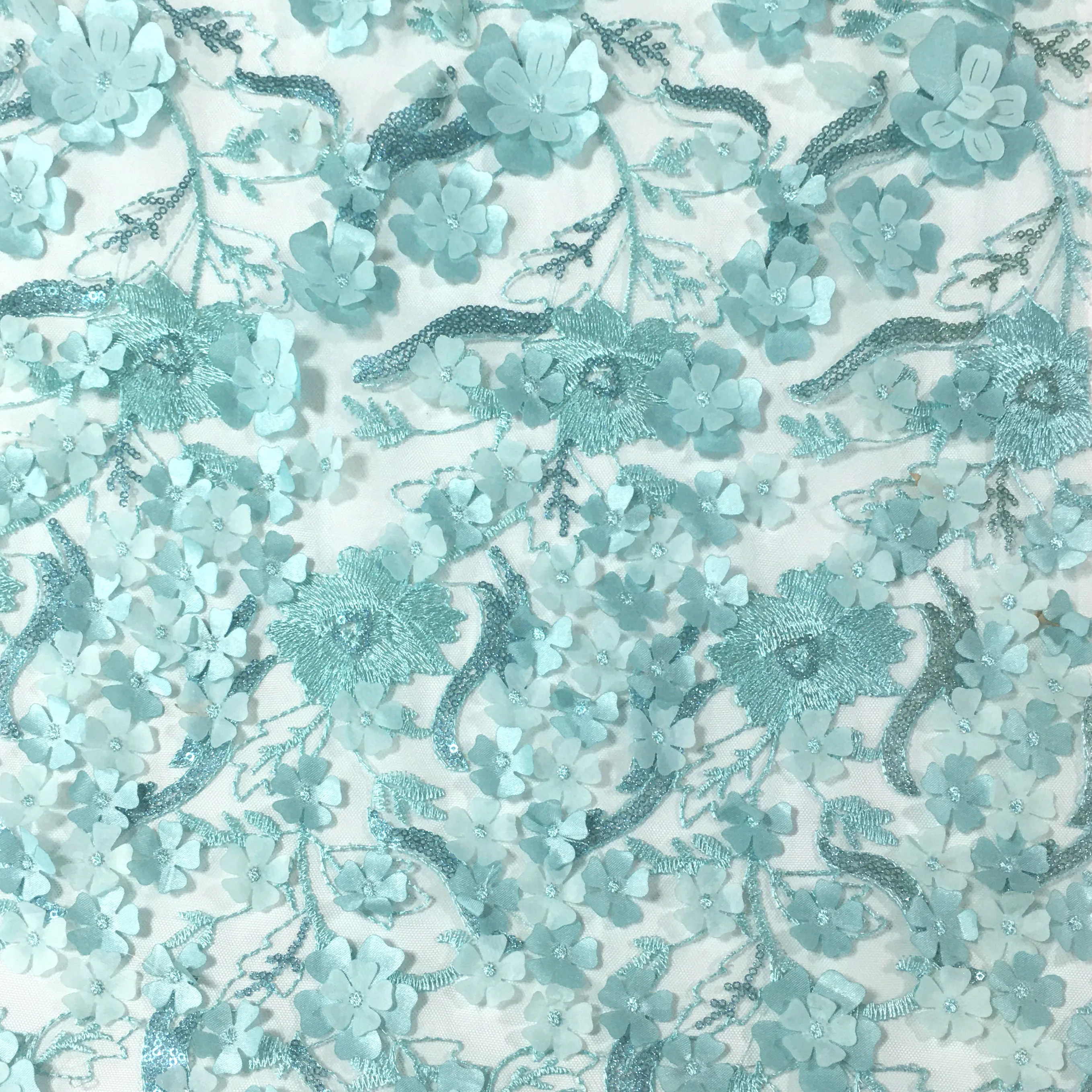 
Beautiful elegant blue flowers pattern mesh 3d laser lace embroidery fabric for women dress 