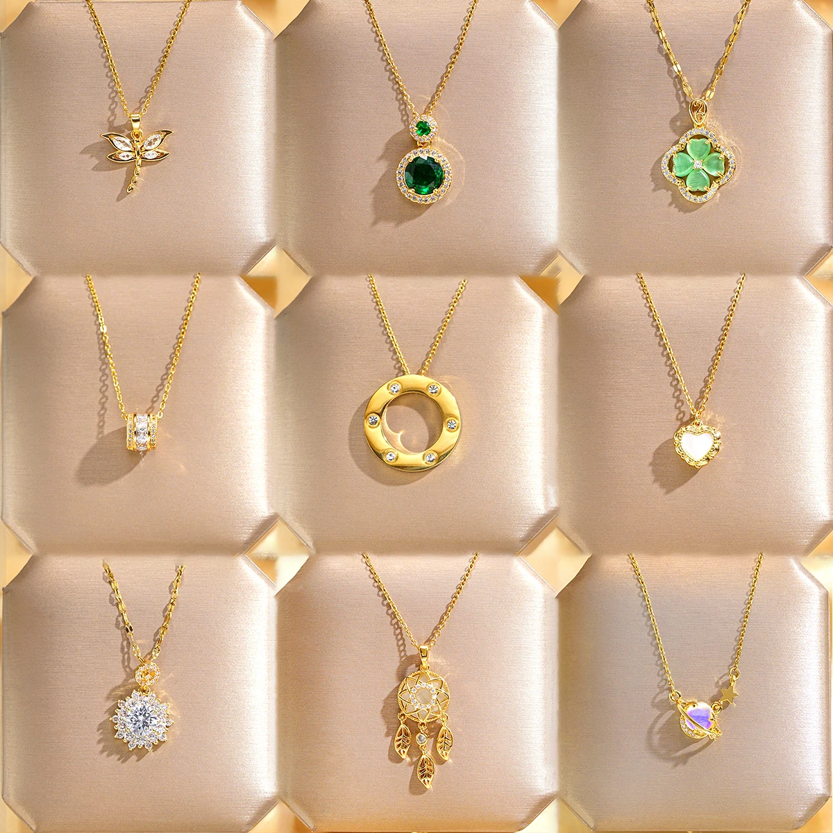 Fashion Stainless Steel 18K Gold Zircon Opal Clover Butterfly Pendant Necklace Women Cz Heart Planet Necklace For Gift