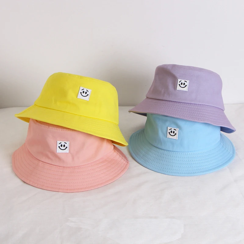 Custom woven rubber label patch embroidery logo multi color unisex fishing hat smile cute kids fisherman bucket hat