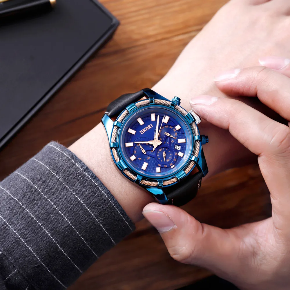 best selling SKMEI 9189 genuine leather men quartz watches with chronograph
