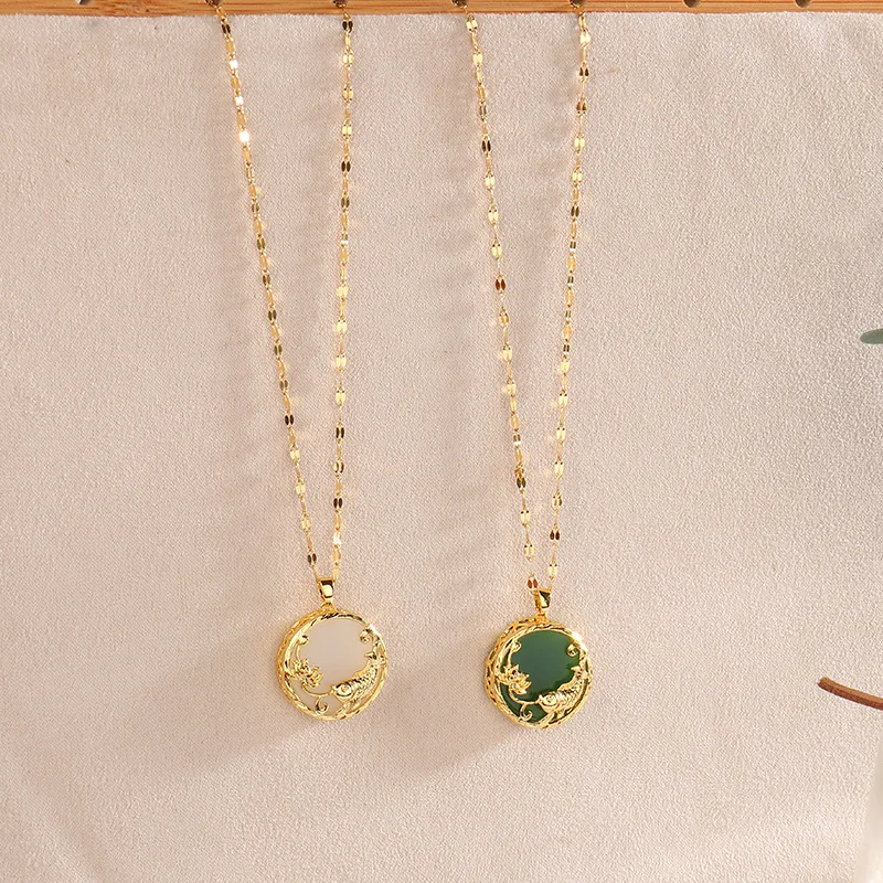 NUORO Fashion 18K Gold Plated Stainless Steel Chain Necklace Chinese Style Jewelry Round Green White Gemstone Jade Necklace