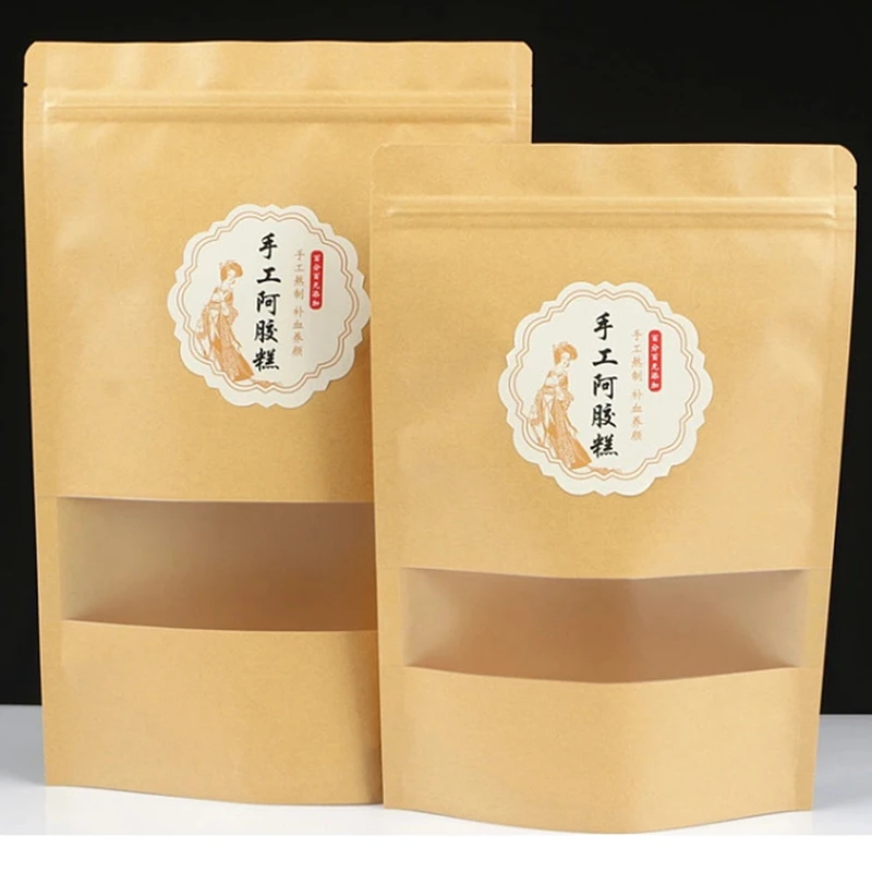 Biodegradable Recycled Customized Stand Up Pouches Dry Food Packaging Brown Kraft Paper Bags With Translucent Window