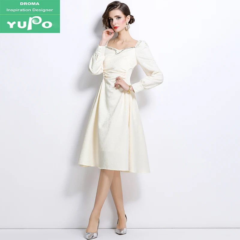 Droma wholesale in stock high end jacquard fashion puffy long sleeve casual midi dresses women white dress