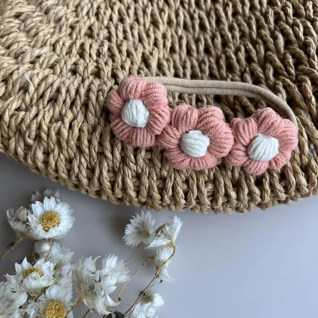 Ins Popular super soft cute Puff Daisy Crochet knitted hair Baby girl headbands hair accessories