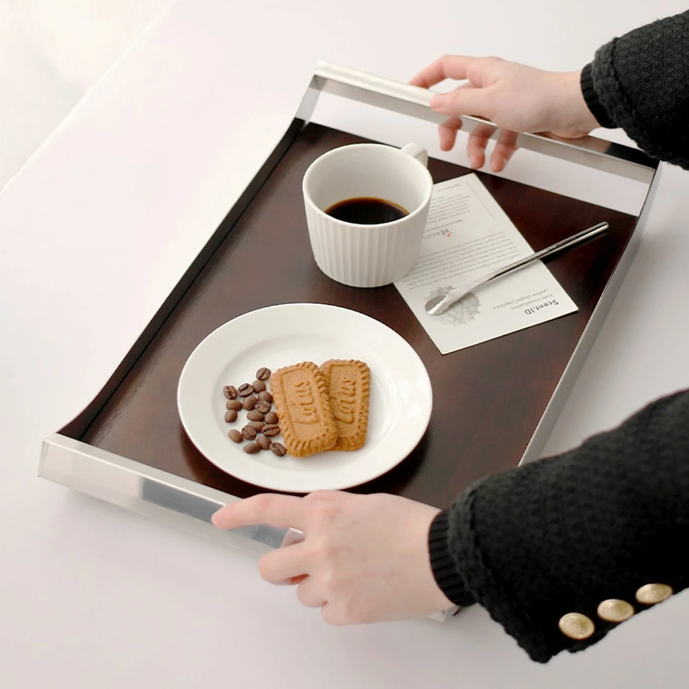 Classic Walnut Steel Tray Breakfast Serving Tray Coffee Cups Cary Wood Trays For Restaurant Serving