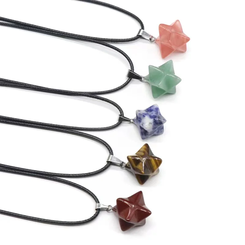 Wholesale natural stone 3D six-pointed star quartz crystal merkaba star jewelry necklace merkaba crystal pendant with rope