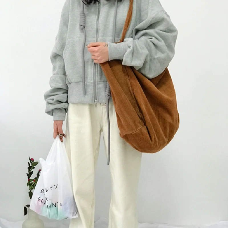 Оптовая продажа, большая Холщовая Сумка-тоут для женщин и девушек, вместительная сумка, Вельветовая сумка через плечо