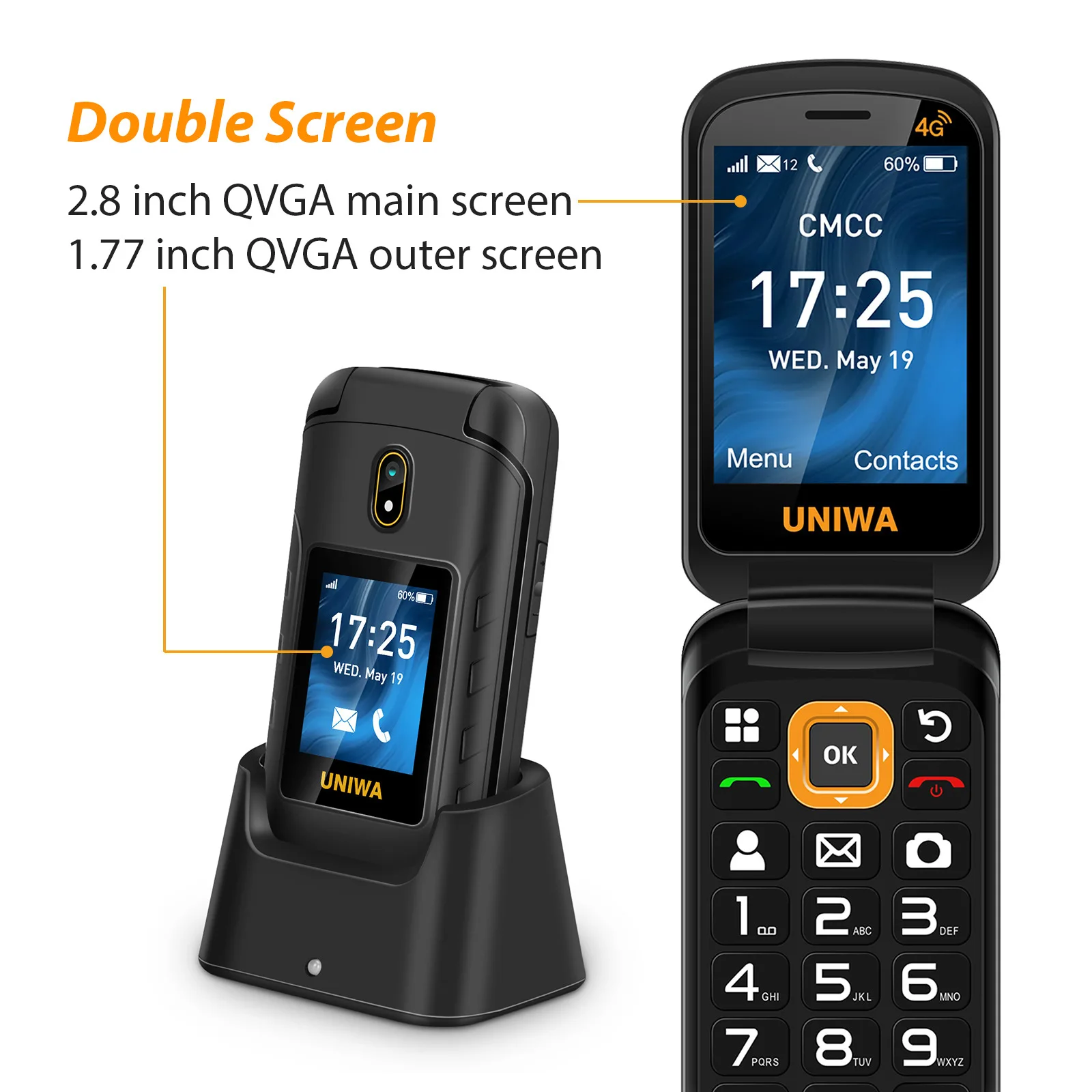 UNIWA V909T Senior Flip Mobile Phone Compact Portable 2550mah Dual TFT Display Screen Flip  Phone with 165 Degree Flip Angle S