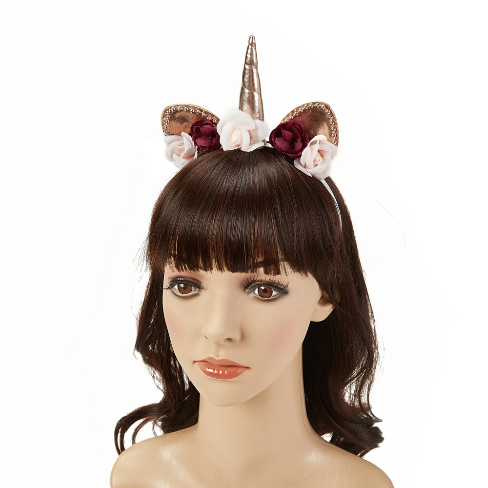 Handmade fox ears with pearls hairband rose gold unicorn hair band artificial flower headband