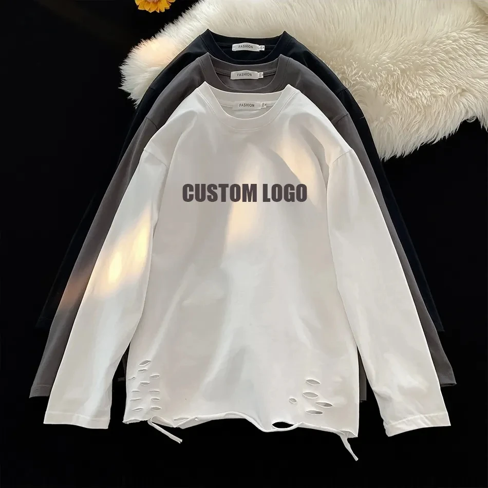 Custom Logo Casual Style Cotton T-Shirt O-Neck Oversize Distressed Ripped Hem Vintage wash Men Screen Print Ripped Long Sleeve