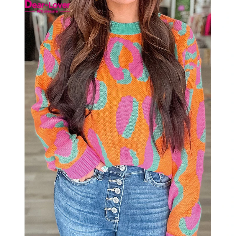 Dear-Lover Wholesale High Quality Women Winter Clothing Fashion Leopard Colorblock Ribbed Edge Knitted Sweater