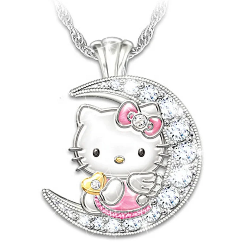 wholesale cute animal owl with spread vintage pendant diamond necklace cat moon