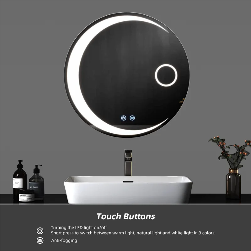 Настенное украшение на заказ современный сенсорный экран противотуманный круглый светодиодный умный зеркало для ванной комнаты